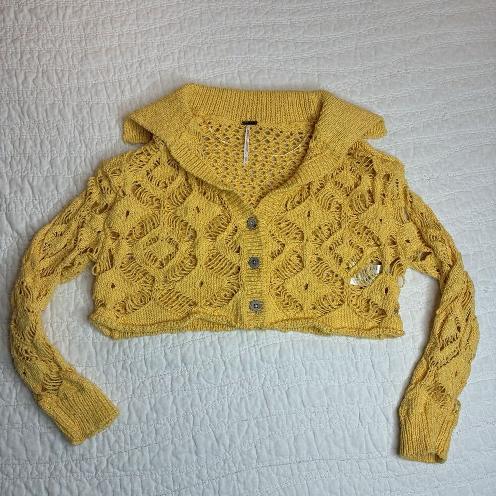 Free People Sedona cropped knit button cotton cardigan XS festival cottage boho - Picture 8 of 10